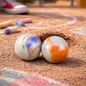 Vintage Pair Swirl Marble Pair – Vitro Agate Swirl & Marble King Tri-Color Patch